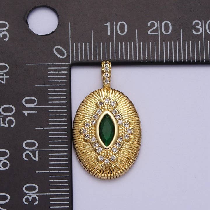 Aim Eternal - Wholesale Individual Charm/Pendant - Green, Clear Marquise Line Textured Oval Micro Paved Gold Pendant H-911 H-9354