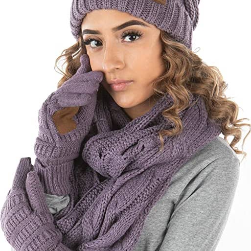 Funky Junque - Wholesale Winter Accessory Set - Women's - C.C Oversized Beanie, Glove & Scarf set - Violet