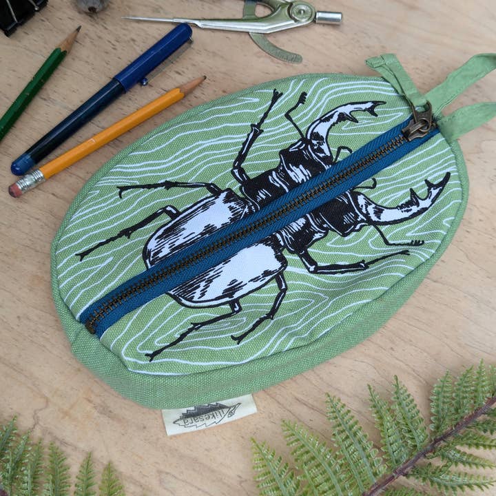 ilikesara | art + goods - Wholesale Pencil case/pouch - zippered pouch | stag beetle - green insect/bug pencil, supply, makeup bag with waterproof lining2