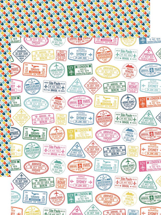 Passport Stamps 12 x 12 Double Sided Scrapbook Paper for wholesale by Paper House Productions