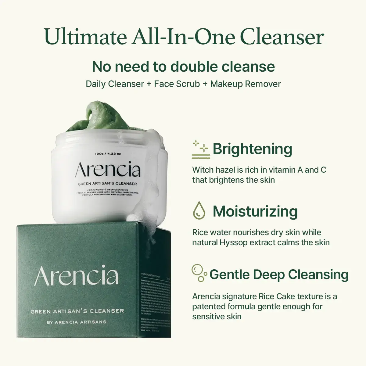 Kosmic - Kbeauty Skincare - Wholesale Facial Cleanser - [Arencia] Fresh Green Rice Mochi Cleanser, 120g1