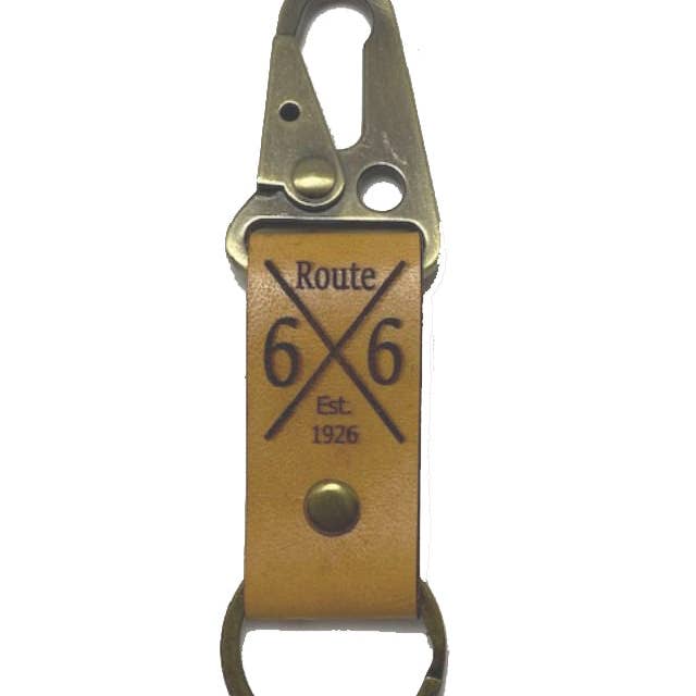 Laser engraved Leather Route 66 Key Chain with Route 66 and the date established for wholesale by DK LaserWorx