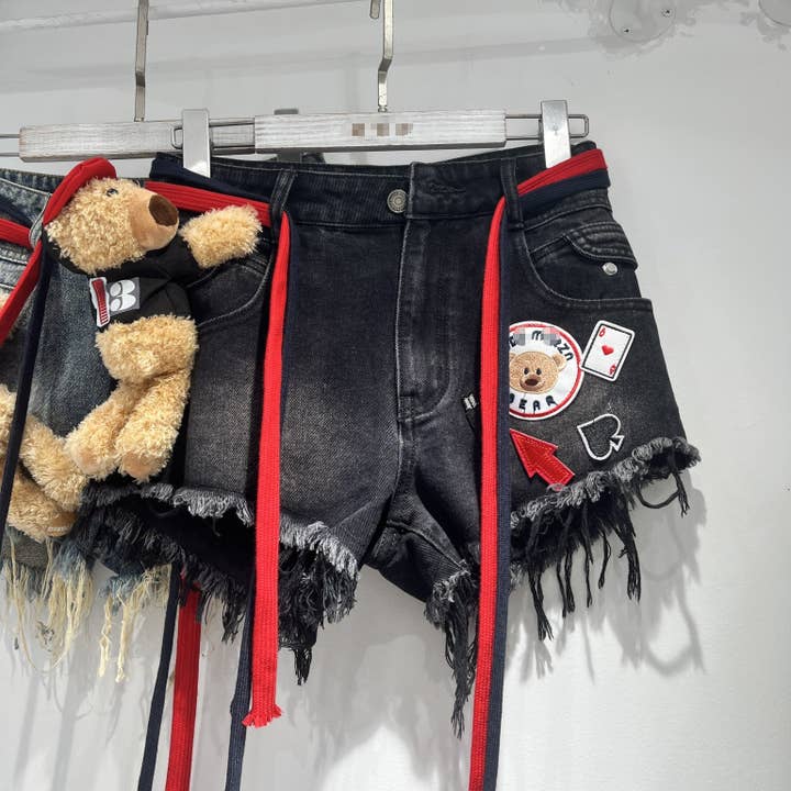 Sanyao Fashion - Wholesale Shorts - Women's - M127 Playful Patchwork High Waist Raw Hem Denim Shorts2