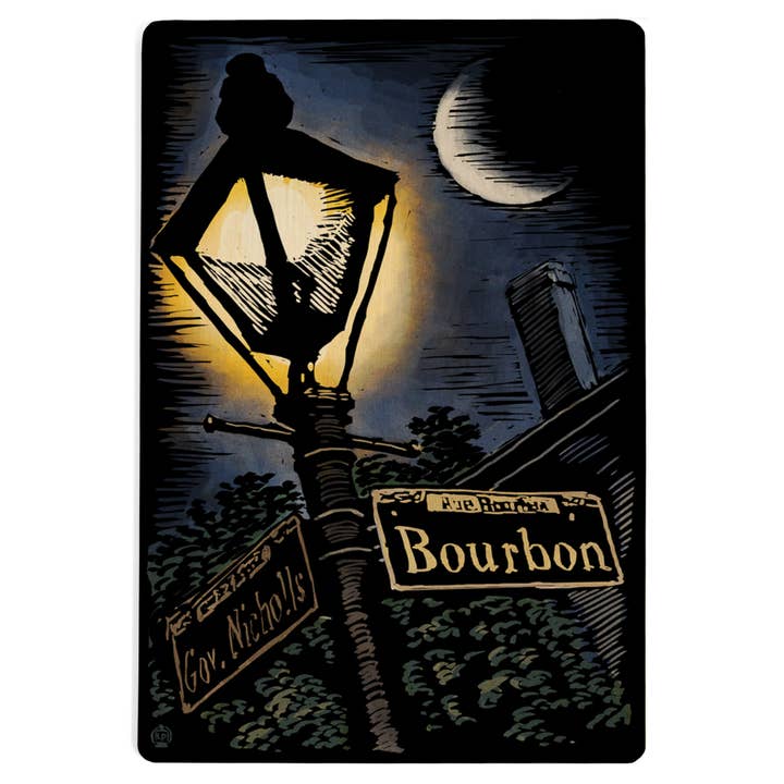CARTE POSTALE EN BOIS New Orleans, Louisiana Bourbon Street Lampadaire pour la vente par Lantern Press