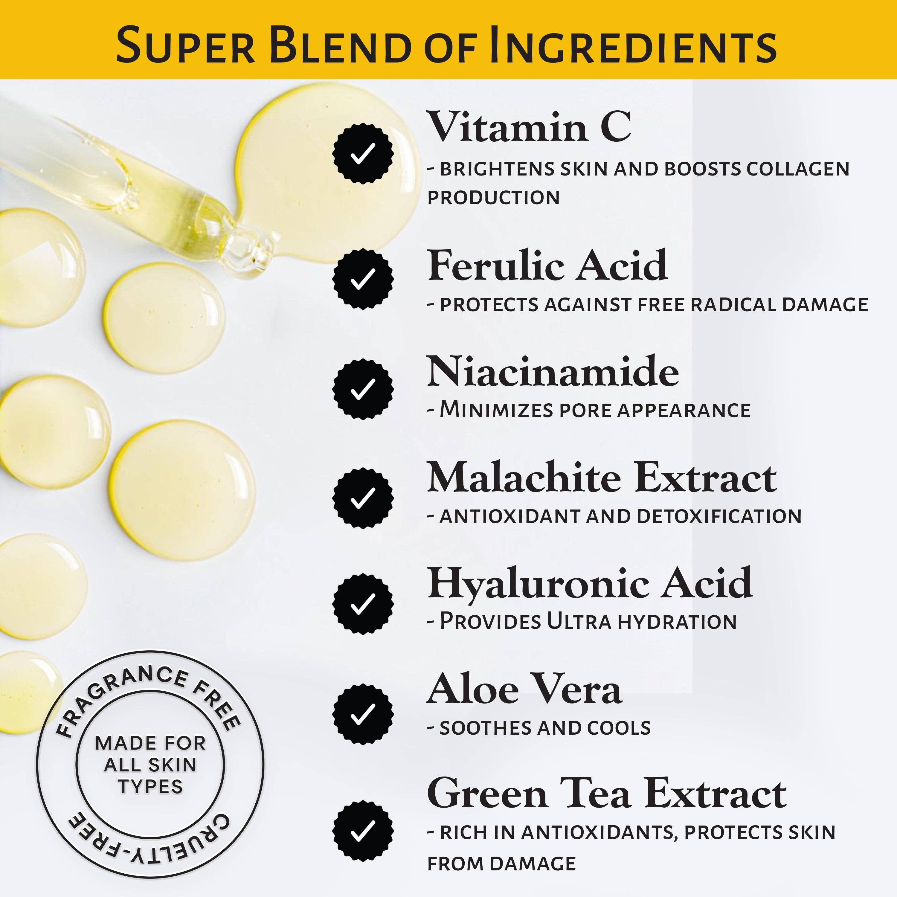 Market Fresh Beauty – wholesale Facial serum/concentrate – Market Fresh Beauty Vitamin C Serum with Ferulic Acid, Niacinamide, & Malachite Extract | Brighten & Smooth | Fragrance-Free | 2 fl oz2