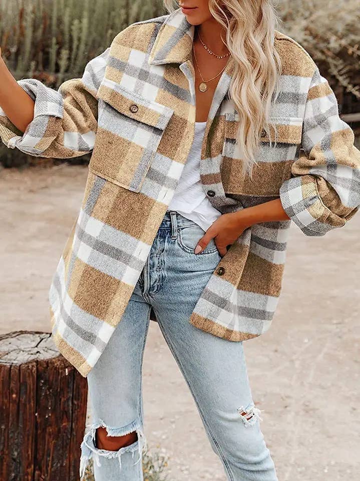 Women’s Neutral Plaid Oversized Flannel Shacket for wholesale by Lovesoft