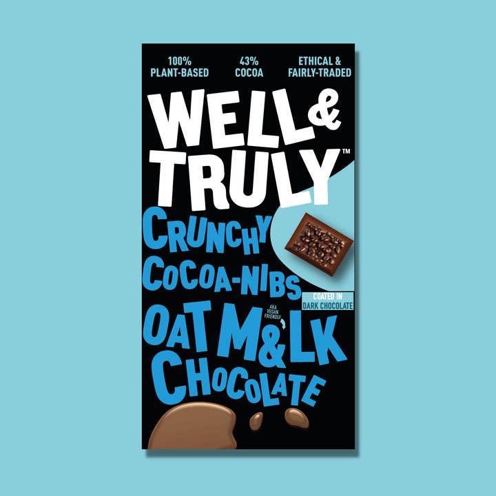 Well&Truly – wholesale Chocolate bar – Cocoa Nibs Oat M&lk Chocolate 10x90g0