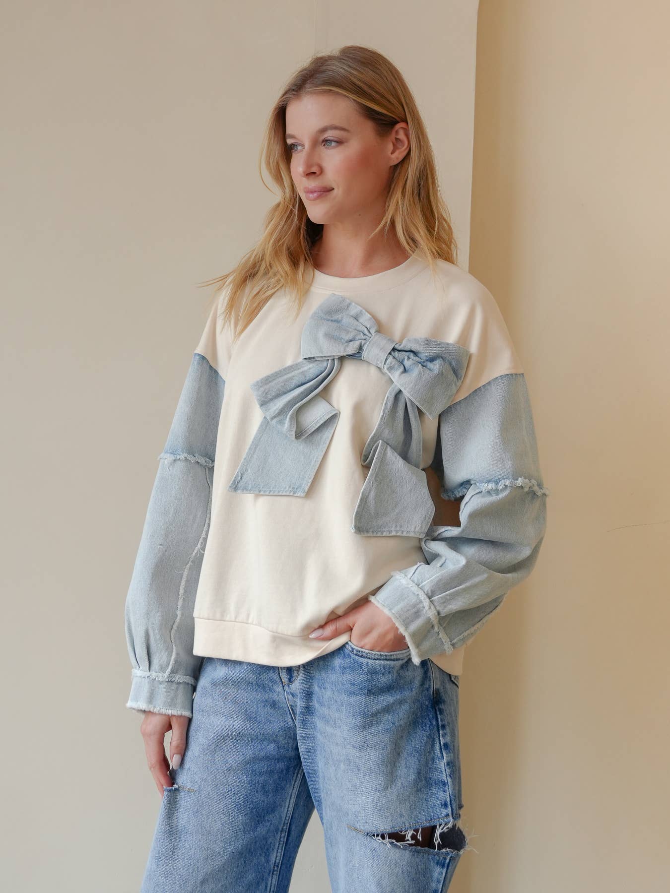 TRENDILITY - Wholesale Sweatshirt - Women's - TR2027-04_Mineral Washed Denim Bow Sweatshirt Top15