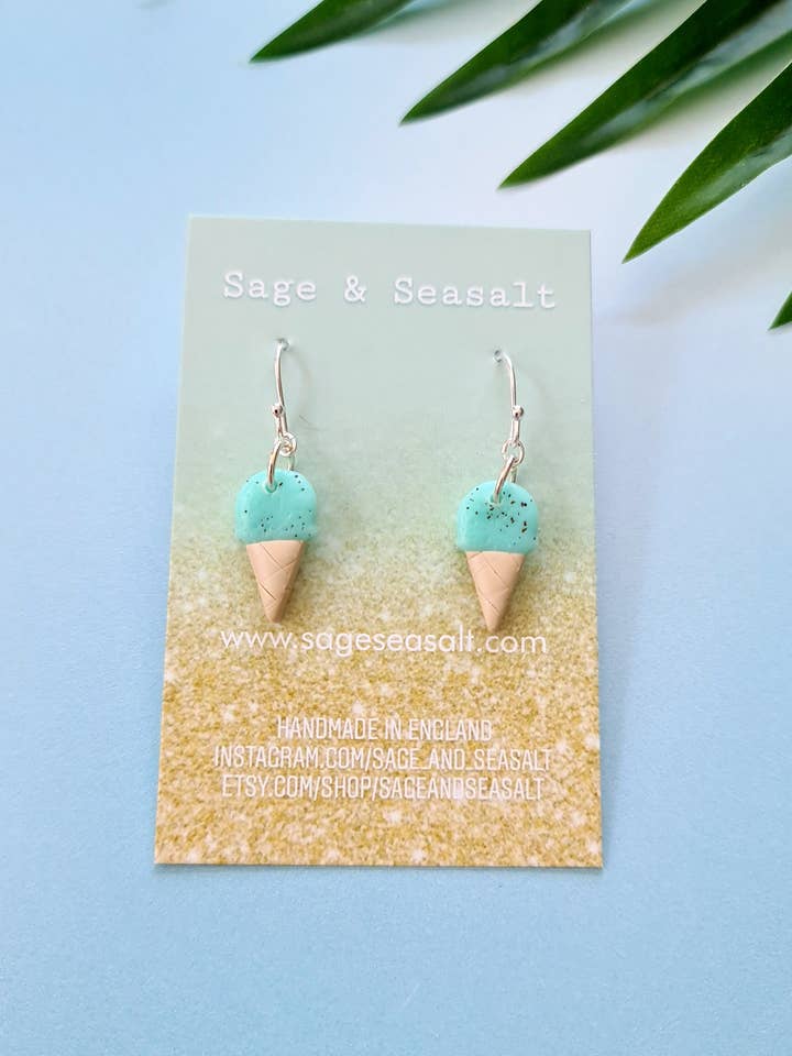 Mint Choc Chip Ice Cream Cone øreringe ~ Sterling sølv for engroshandel hos Sage & Seasalt