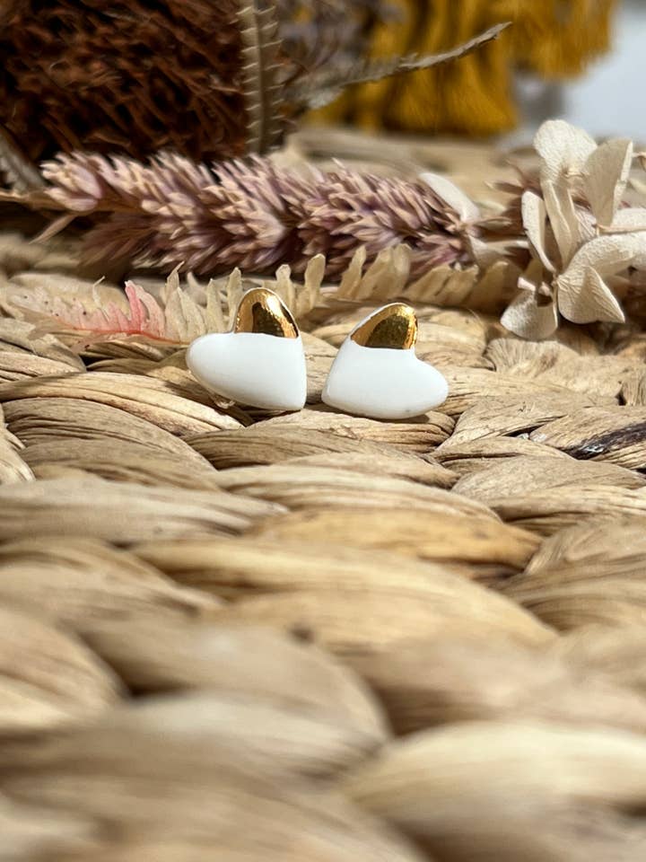 Heart with gold - Ceramic Stud Earrings for wholesale by Wolf and Clay Pty Ltd