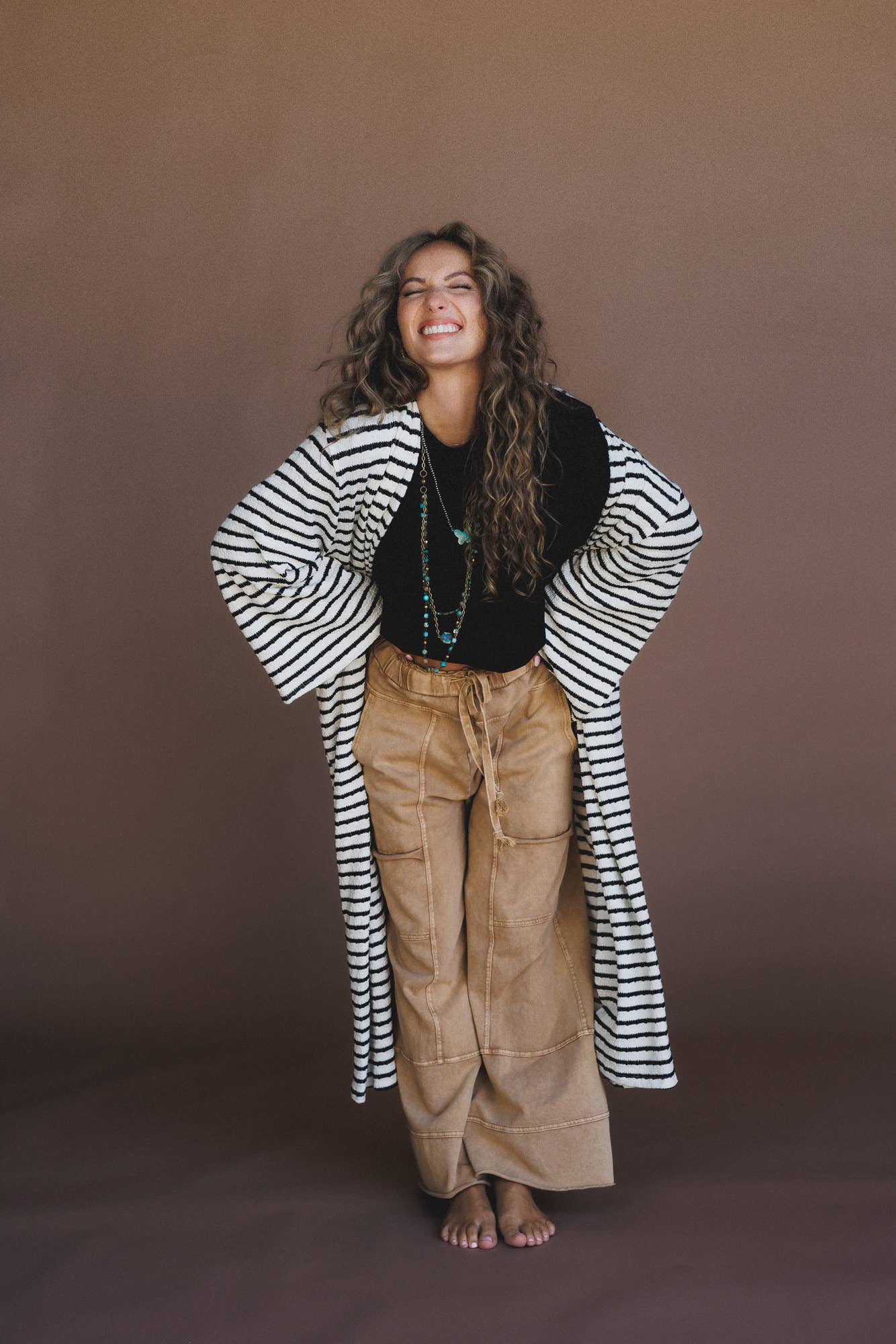 Three Bird Nest - Wholesale Cardigan - Women's - Venyx Striped Duster Cardigan - Cream Black4