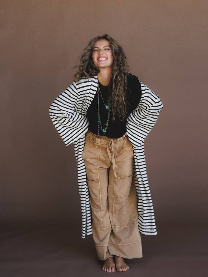 Three Bird Nest - Wholesale Cardigan - Women's - Venyx Striped Duster Cardigan - Cream Black4