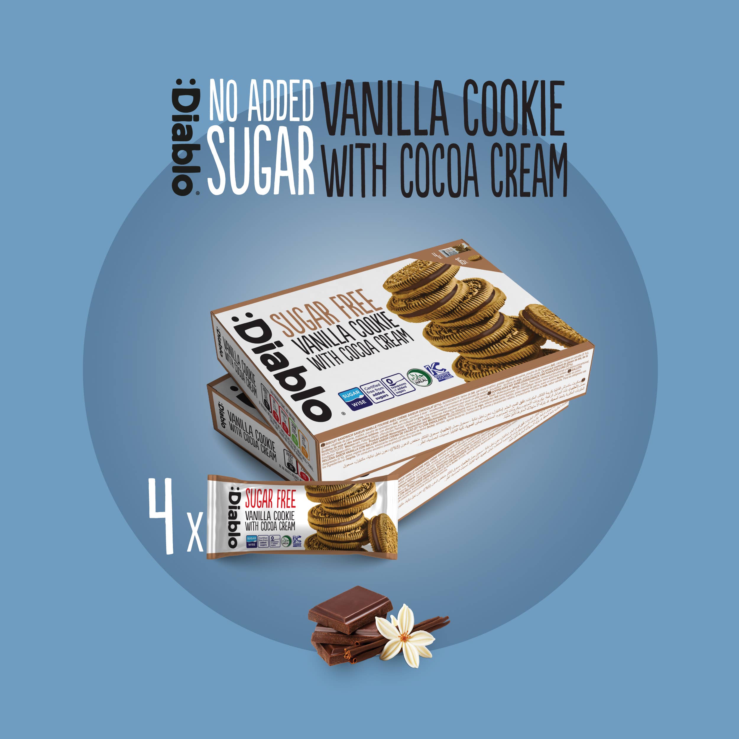 Diablo Sugar Free – Cookie por atacado – :Biscoitos sanduíche de baunilha Diablo SF com creme de cacau 176g1