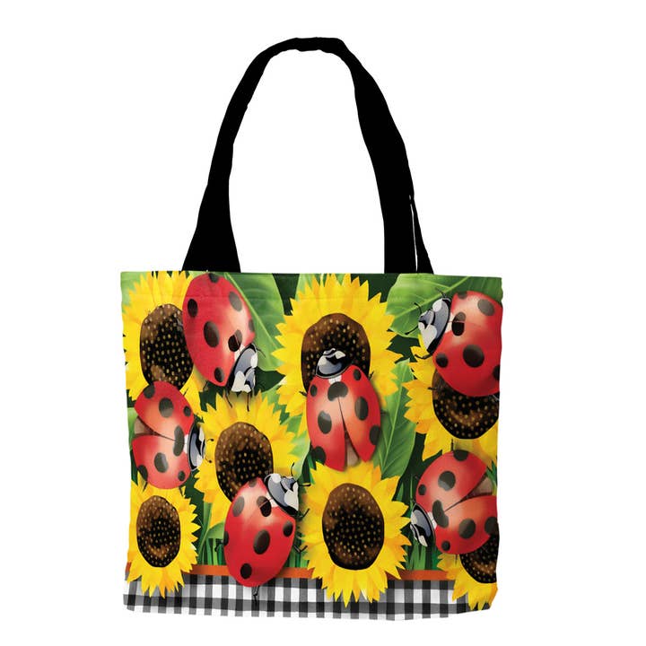 Ladybugs and Sunflowers Spring Tote Bag 15" x 14" x 7" for wholesale by Briarwood Lane
