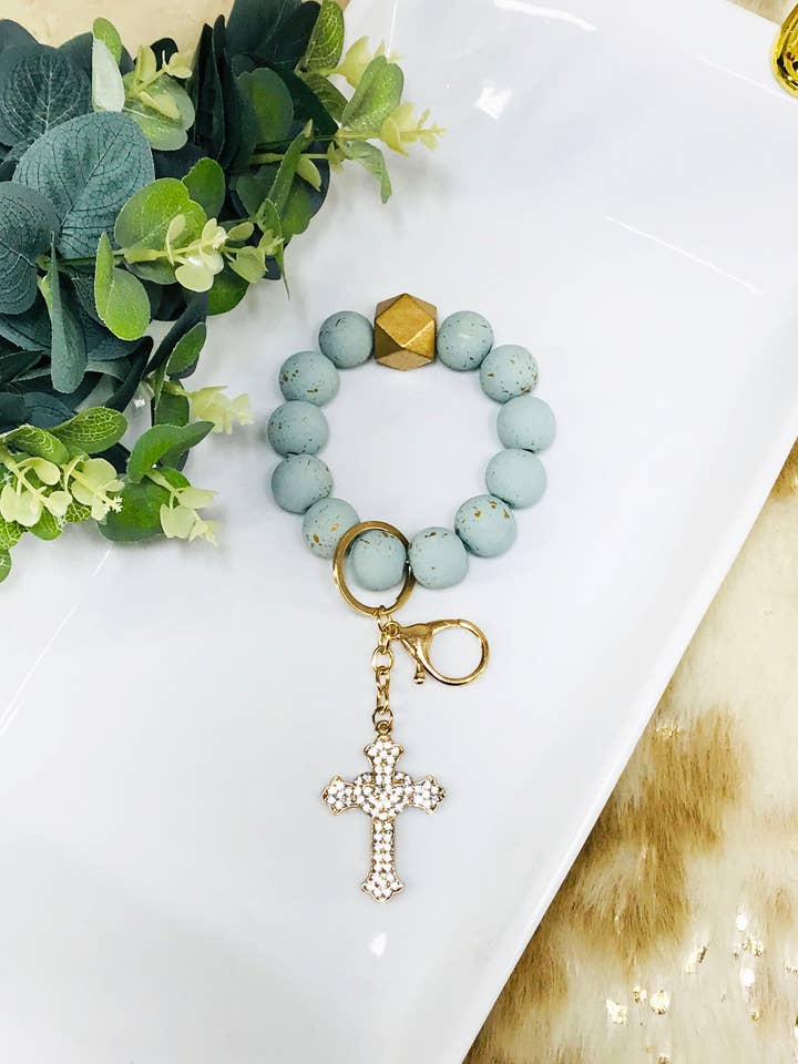 Hand Painted Turquoise & Gold Wood Keychain - K361 for wholesale by Magnolia & Peach Jewelry Boutique, LLC