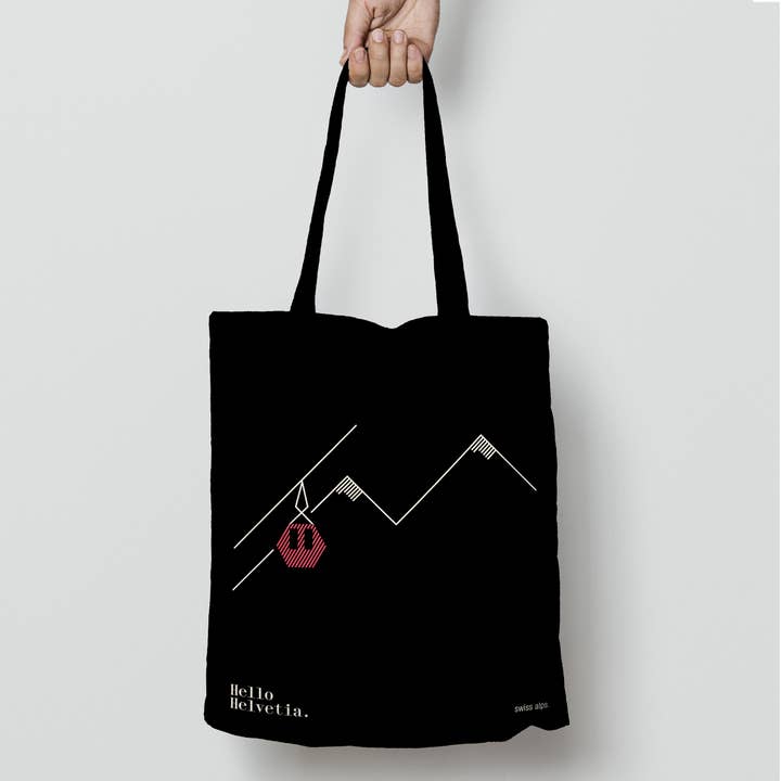 Black Tote Bag | 100% Organic Cotton | Motif "Swiss Alps" for wholesale by Hello Helvetia