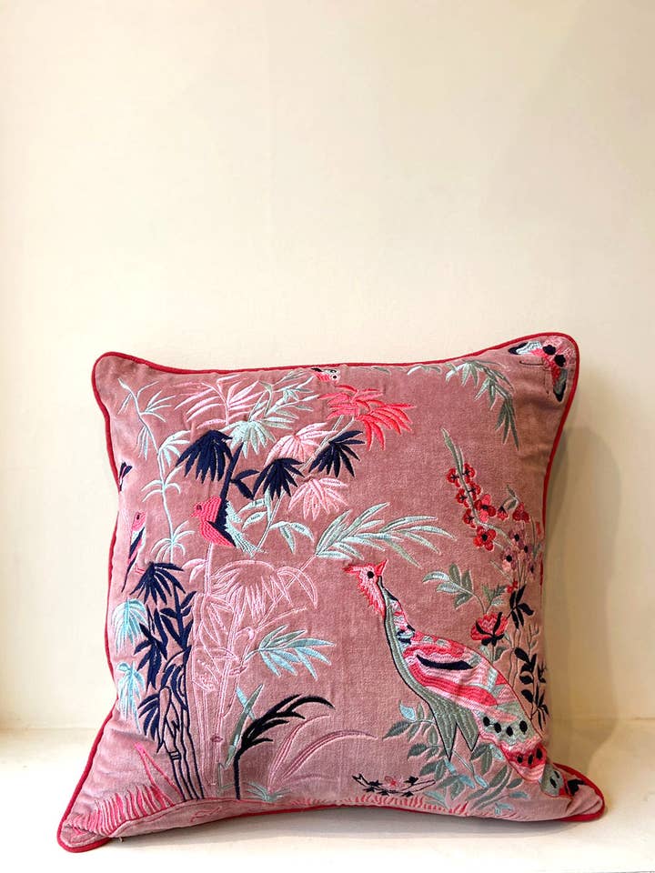 Pink Bamboo Scene Embroided Cushion Cover for wholesale by House of Roya Ltd