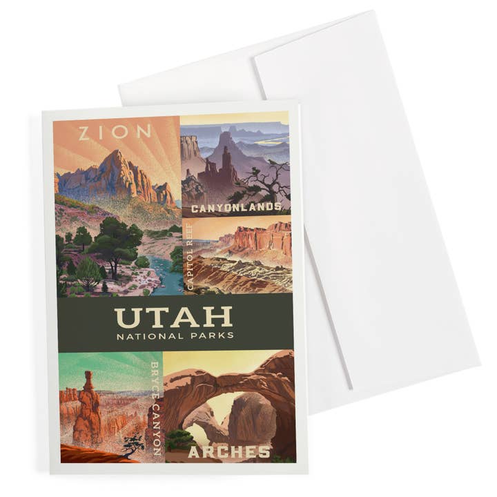 TARJETA DE FELICITACIÓN Collage de los Parques Nacionales de Utah, Litografía para venta al por mayor de Lantern Press