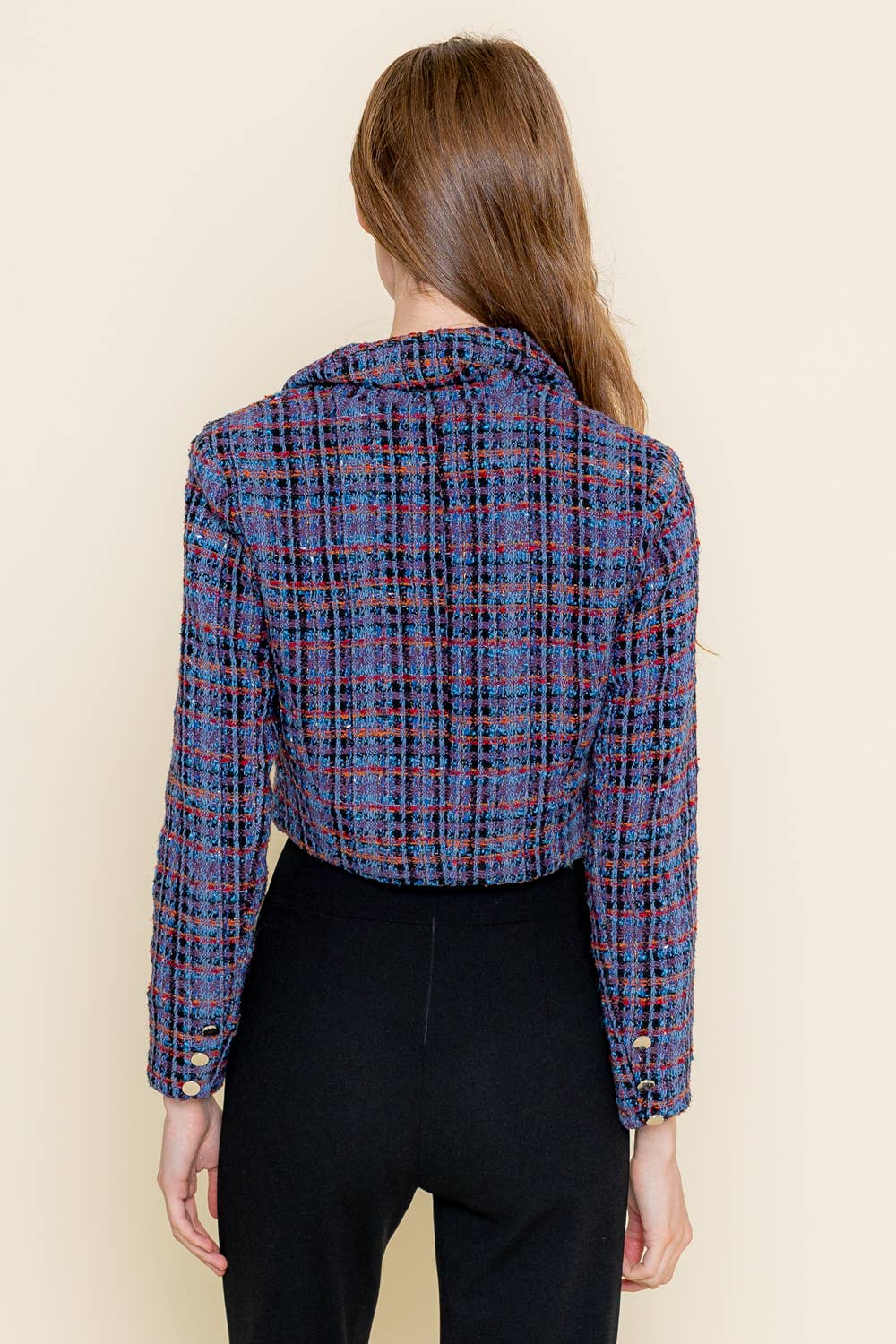 VIOLET MULTI BLAZER COURT À CARREAUX EN TWEED CROISÉ BRANCHÉ-OI5813FO en vente sur Faire4