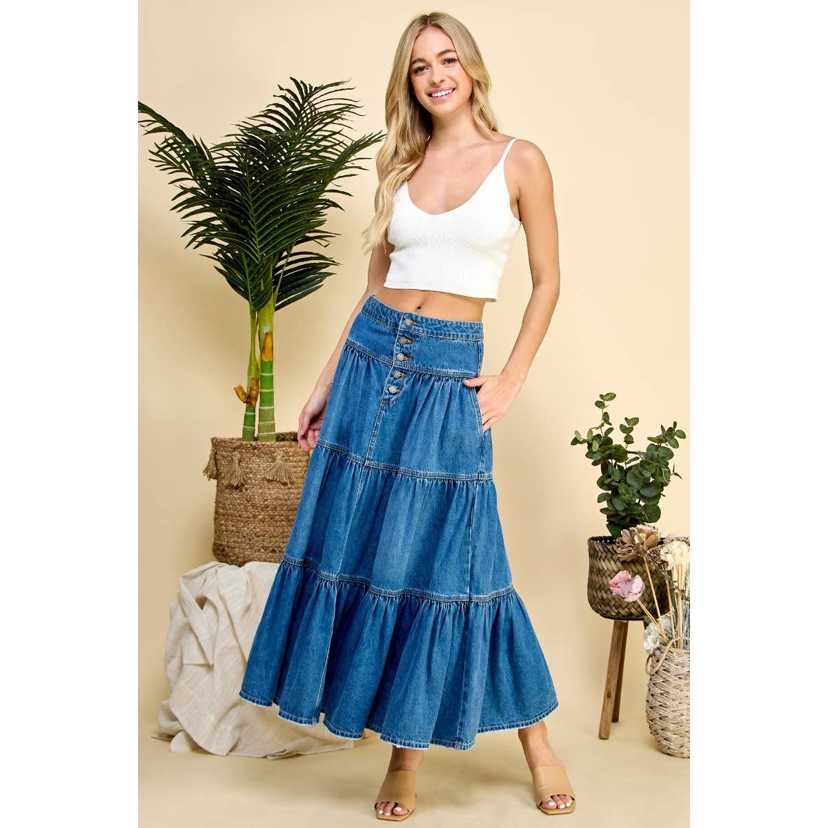 Med Wash Front Button 3 tiered Denim Skirt for wholesale on Faire10