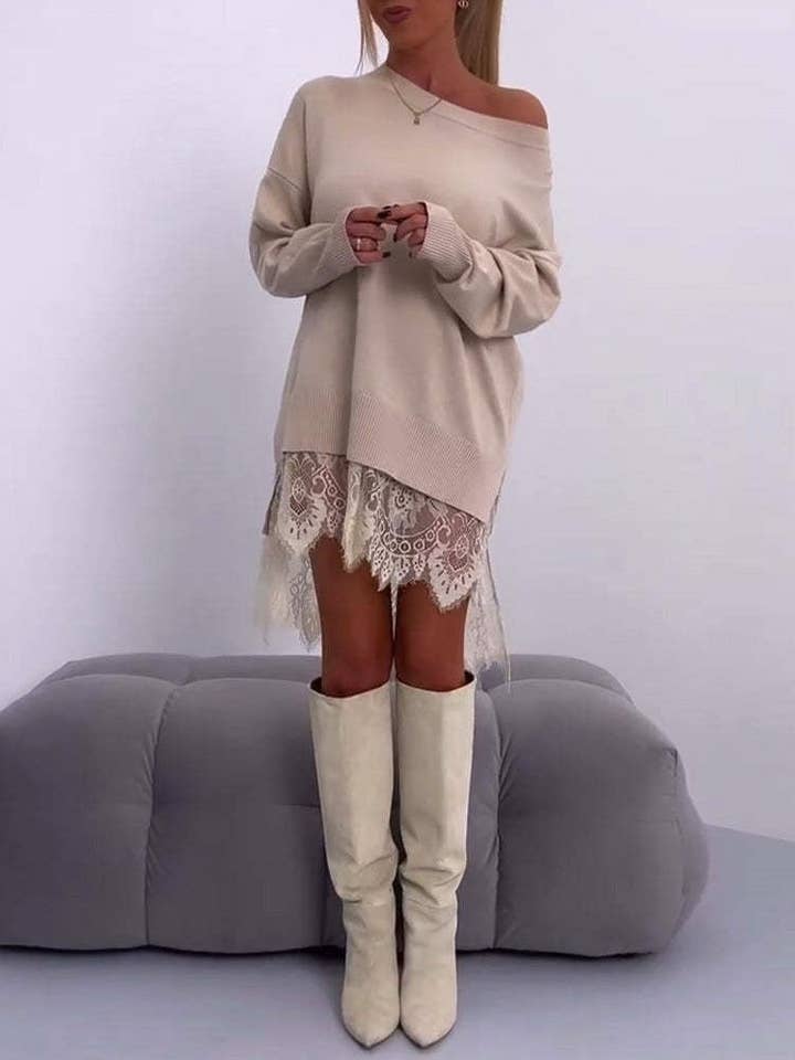 Rosa Clothing - Wholesale Dress - Women's - Elegant Lace Trim Patchwork Split Sweatshirt Dress3