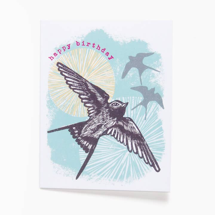 ‘Swallows’ Vintage Style Linocut Birthday Card for wholesale by Hawk and Rose Press