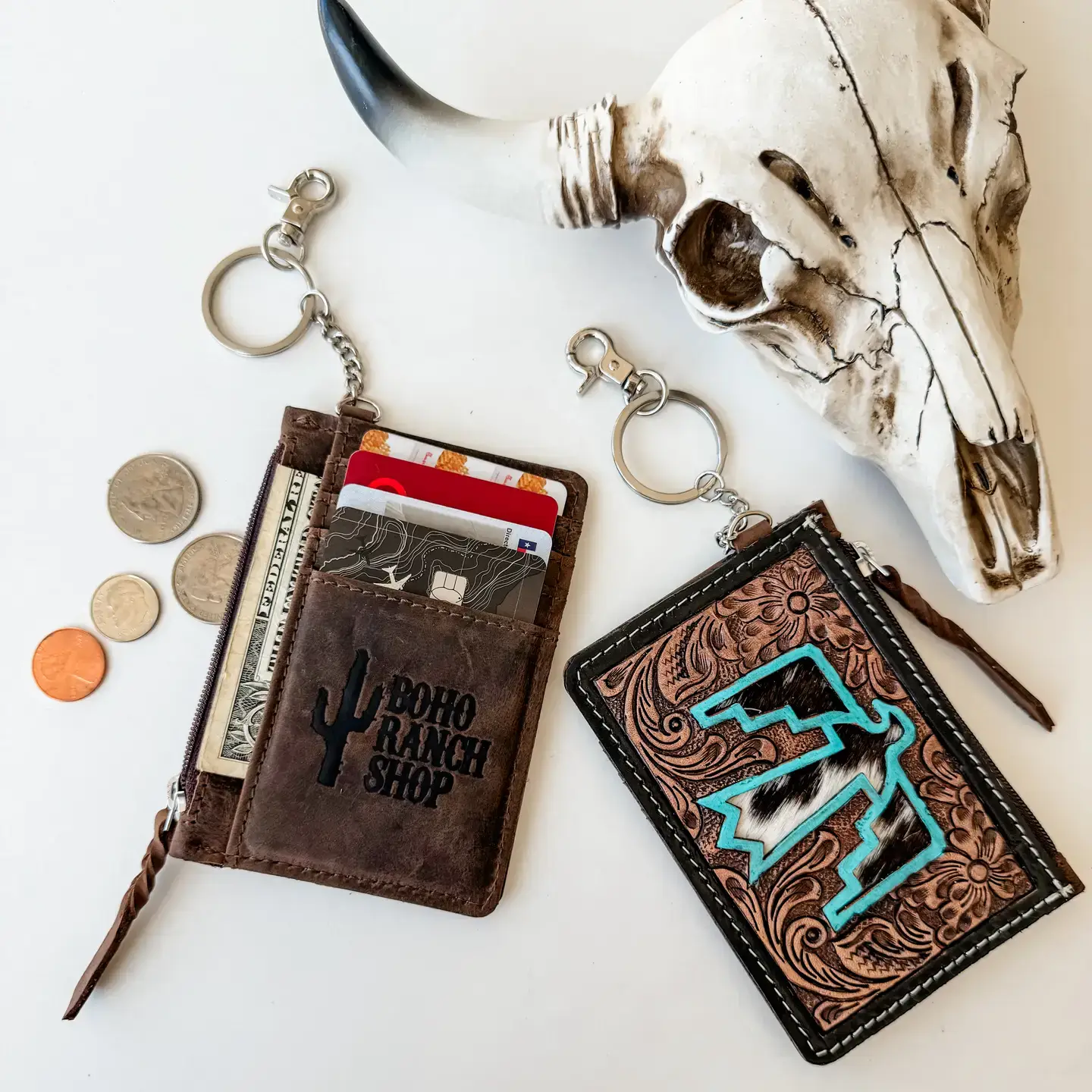 Boho Ranch Shop - Wholesale Wallet - Women's - Western Cowhide Leather Keychain Wallet Longhorn Thunderbird7