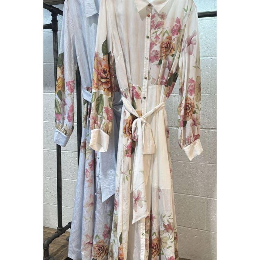 Curve Market - Wholesale Dress - Women's - PLUS SIZE TENCEL LINEN BLEND FLORAL COLLARED FLARE MAXI SHIR4