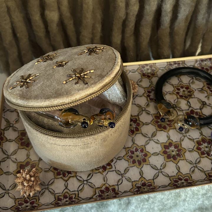 "Constellation" round box in embroidered khaki velvet for wholesale by Maison Lilo