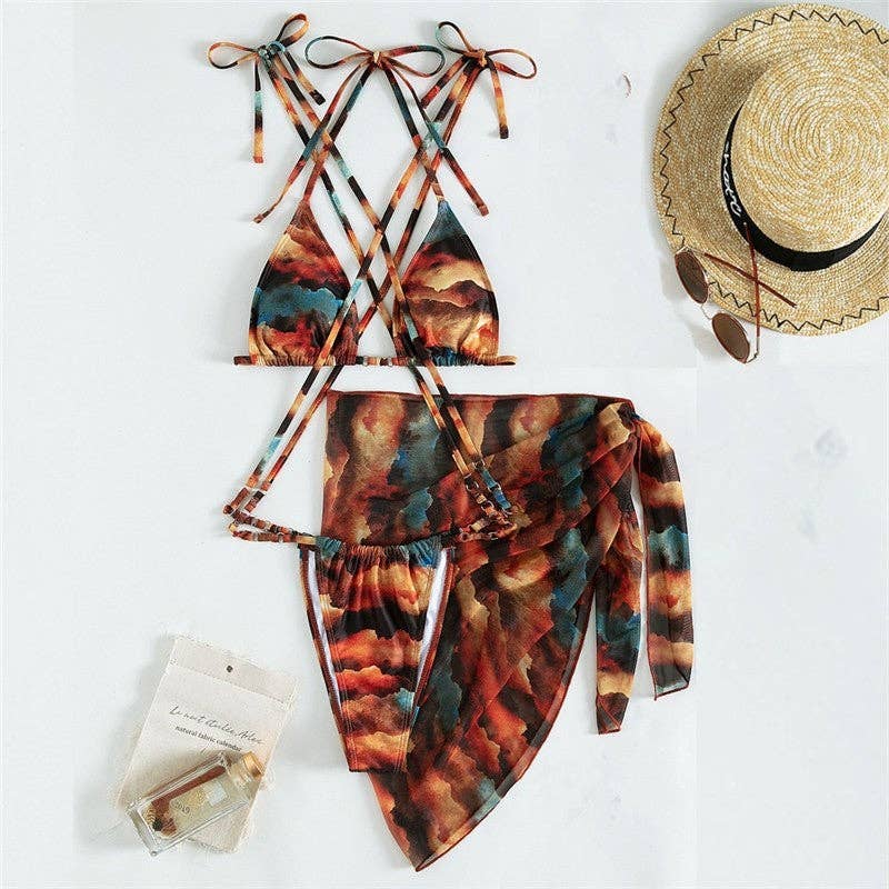 MULTICOLORE Imprimé Tie-Dye Maillot de Bain Trois Pièces en Résille en vente sur Faire4