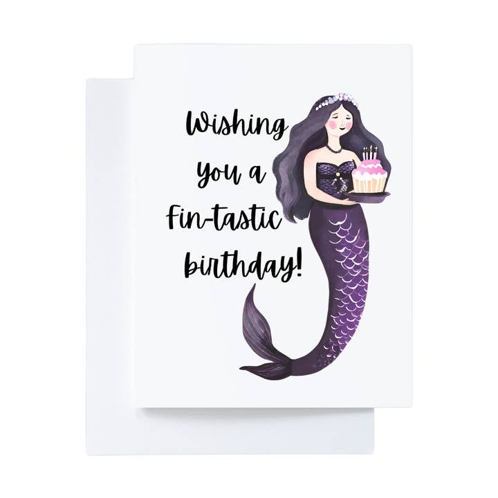 Purple Mermaid Pun Funny Ocean Themed Birthday Card for wholesale by Cryptic Paper Co.