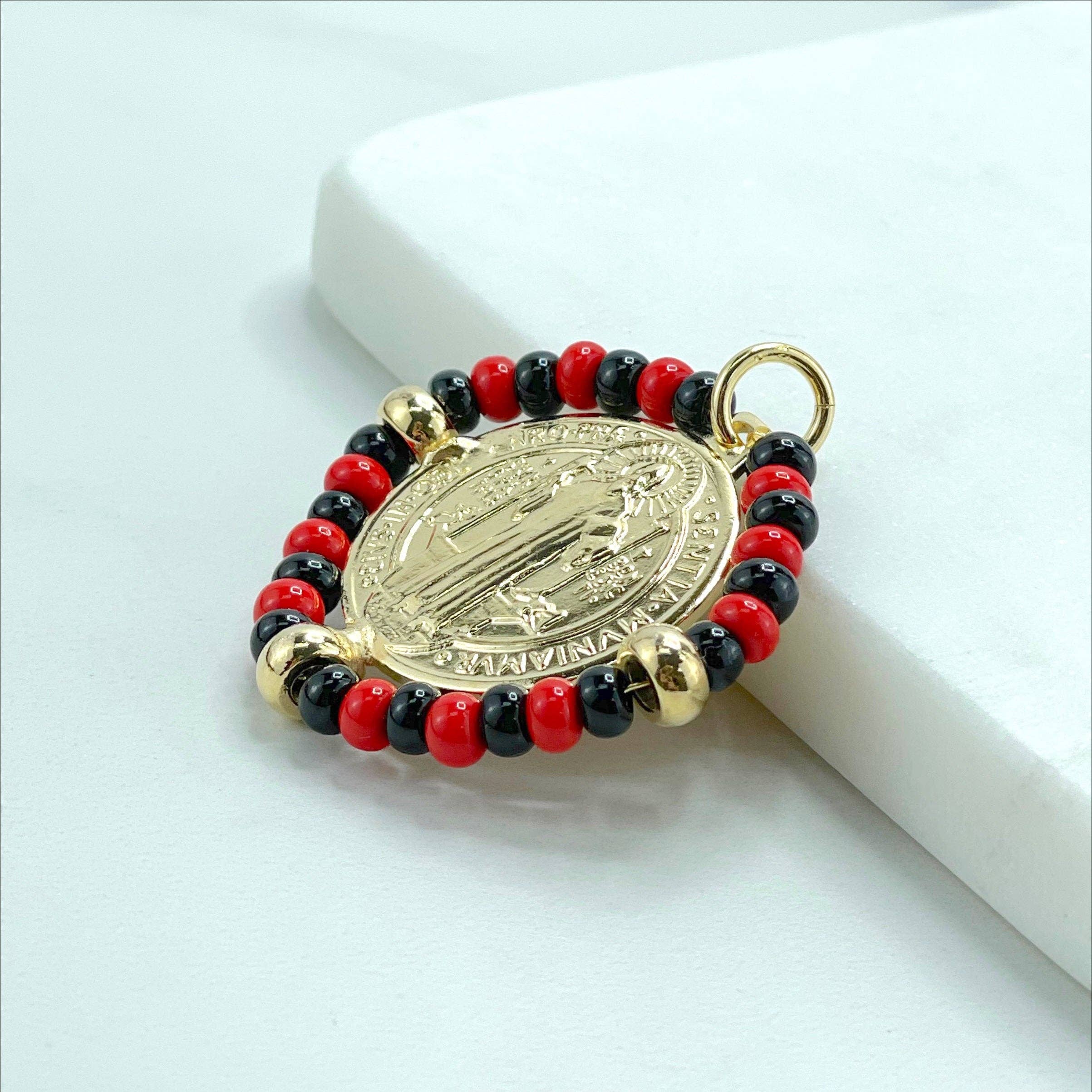 DIJU Jewelry - Wholesale  - 18k Gold Filled San Benito Coin, Black & Red Beads, 2 Sided Round Pendant Charms, Reversible San Benito, Wholesale Jewelry Making Supplies7