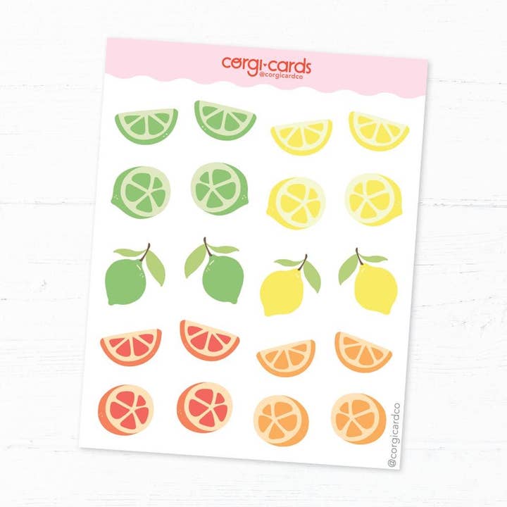Illustrated Citrus Stickers - 20 sticker sheet for wholesale by corgicardco