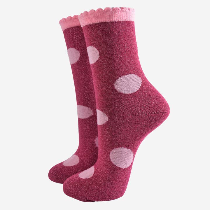 Sock Talk - Vendita all'ingrosso Calzini - Donna - Calzini glitterati da donna, colore: berry/rosa, a pois grandi