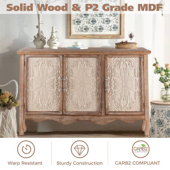 Heynemo - Wholesale Cabinet - Sideboard Buffet Cabinet with 3 Carved Doors and Shelves
