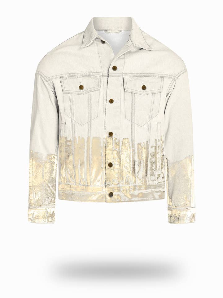 Jaqueta jeans esbranquiçada mais curta com folha de ouro champanhe por atacado de VENIM