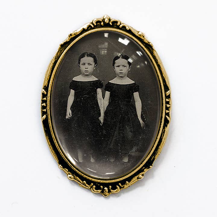 Victorian Creepy Twins Photo Brooch Vintage Halloween Art for wholesale by Asunder Bazaar