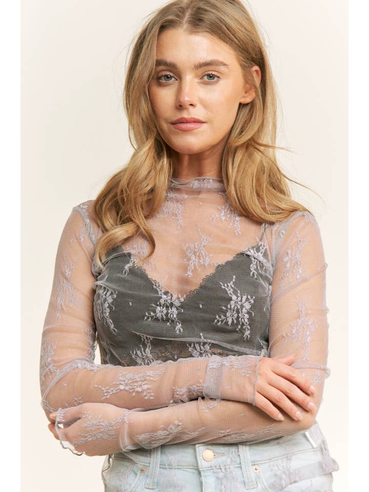 Sweet Generis - Wholesale Knit Top - Women's - MESH LACE HIGH NECK DESIGN LONG SLEEVE FITTED TOP39