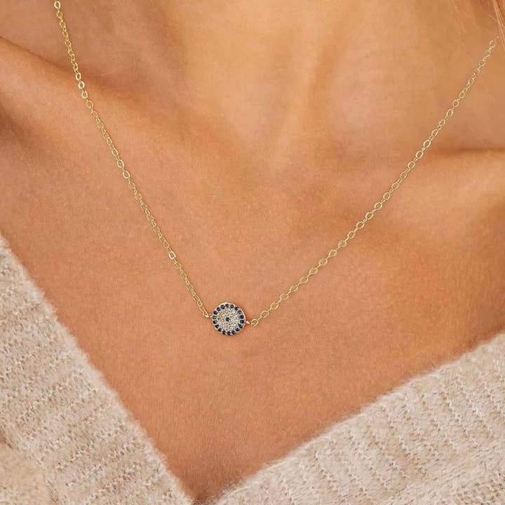 Dainty 14k Gold Evil-Eye Blue Sapphire & Diamond Pendant Necklace for wholesale by Facetreasures Boutique