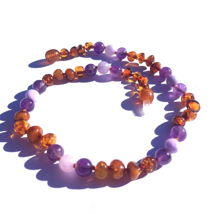 Amber & Gemstone Necklace - Adult - Violet for wholesale by Momma Goose Products, Ltd.