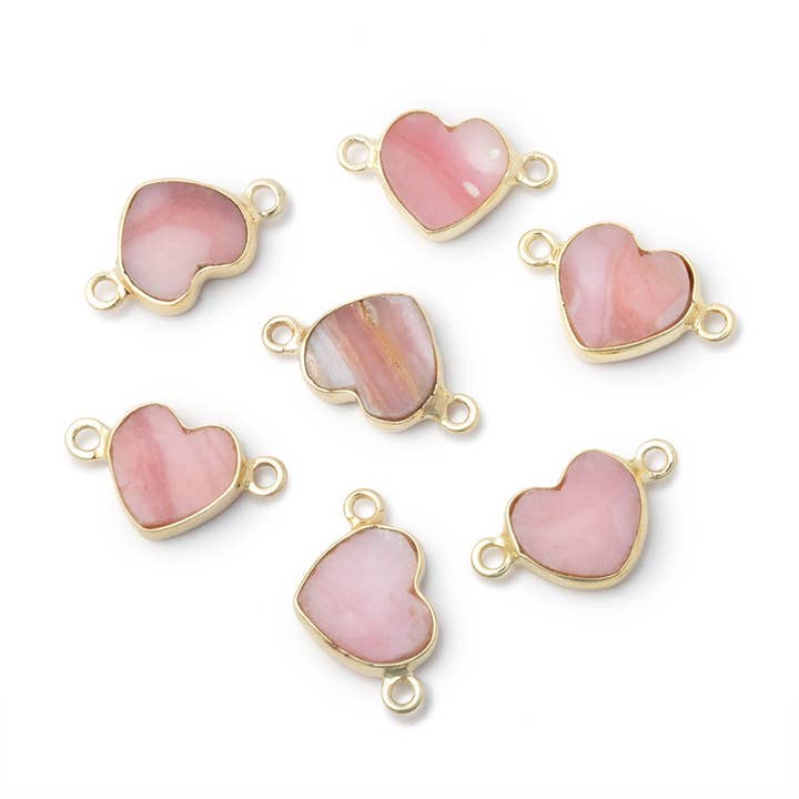 Beads of Cambay - Wholesale Individual Charm/Pendant - 10mm Vermeil Bezel Pink Peruvian Opal Flat Heart 1 Connector