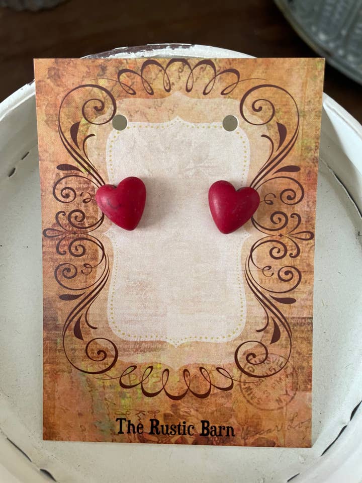 Red heart post earrings for wholesale by The Rustic Barn