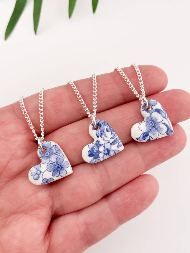 Blue China Small Heart (side) Pendant on silver chain for wholesale by Clay Blanca