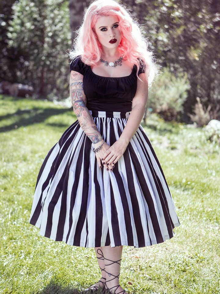 Bella Vintage Gathered Swing Skirt in Black and White Mark Stripe Cotton Sateen | Pinup Couture for wholesale by Pinup Couture