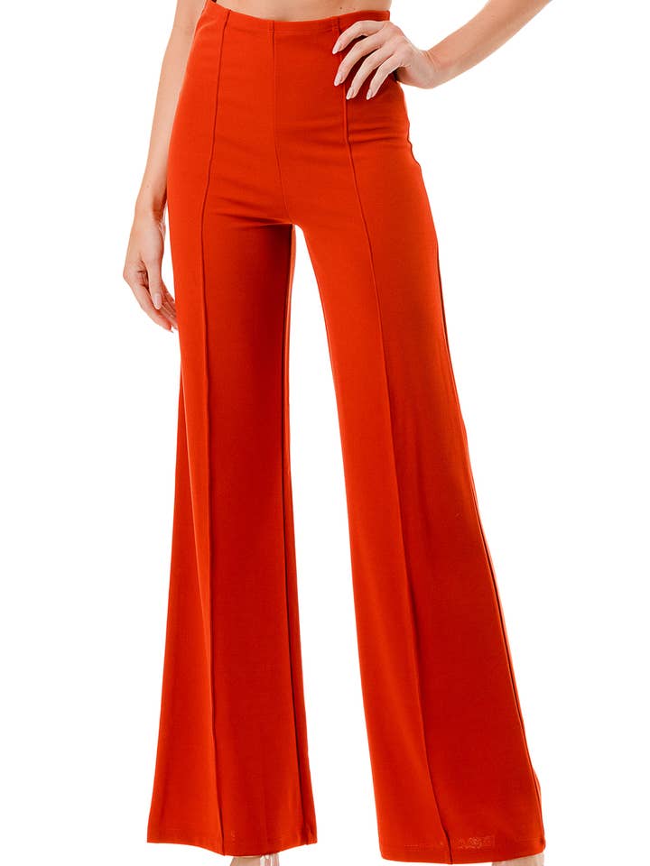 Color 5 - Wholesale Pants - Women's - Solid color wide leg high waist dressy pants with trim line