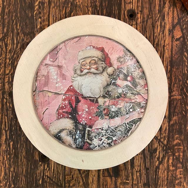 LAND OF COTTON – wholesale Christmas Wall Art – Round Pink Santa Framed Canvas 2