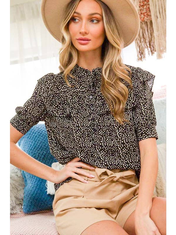 Vine & Love - Wholesale Blouse - Women's - Ruffled Neck Short Puff Blouse Top VT70279