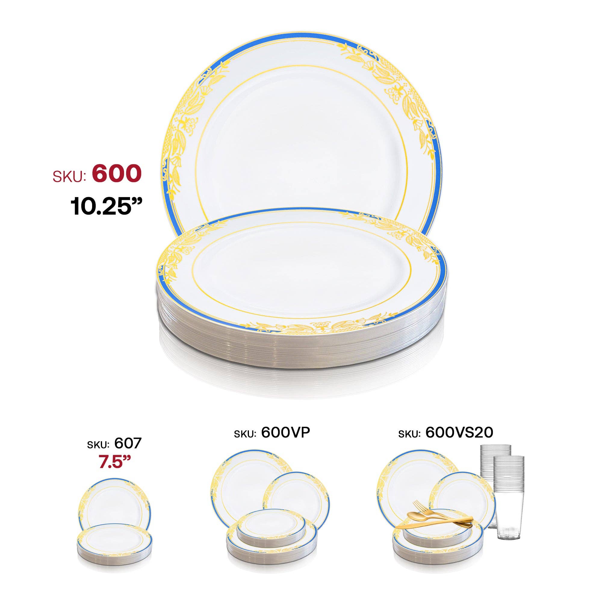 Smarty had a Party – wholesale Disposable plate – 10.25" White w/ Blue Gold Plastic Dinner Plates - 120 pcs5