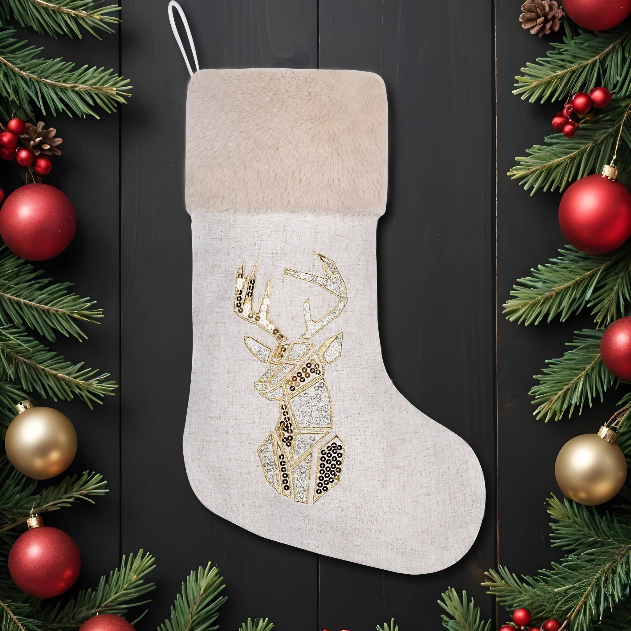 GEXWORLDWIDE – wholesale Holiday Stocking – Linen Sequin Embroidered Christmas Stockings
0
