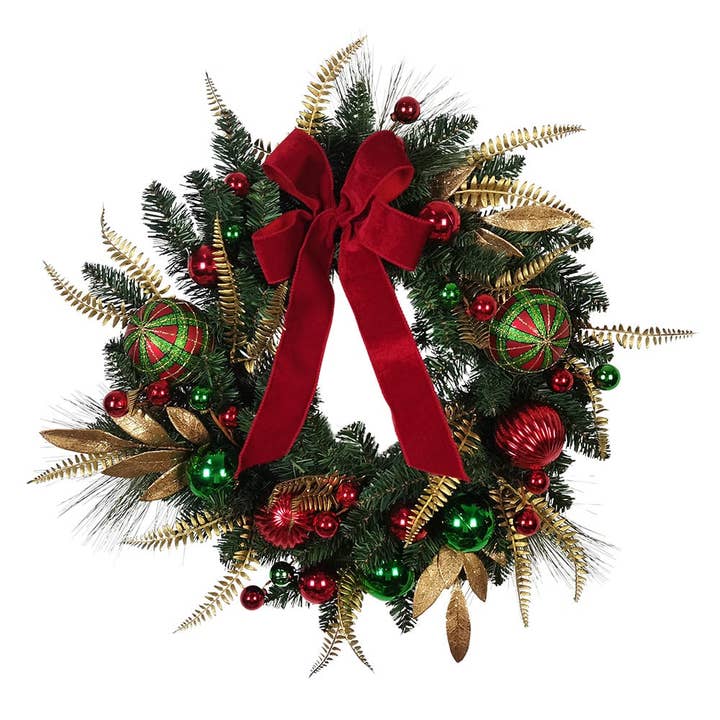 Kurt S. Adler, Inc. - Wholesale Wreath - 24"UNLIT GOLD/RED/GRN RIBBON WREATH